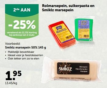 Promoties Smiklz marsepein 50% - Smiklz - Geldig van 28/11/2022 tot 10/12/2022 bij Aveve