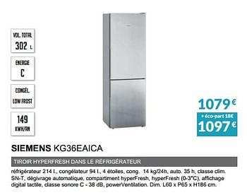 Promotions Rèfrigèrateur siemens kg36eaica - Siemens - Valide de 02/10/2022 à 31/03/2023 chez Copra