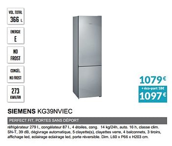 Promotions Rèfrigèrateur siemens kg39nviec - Siemens - Valide de 02/10/2022 à 31/03/2023 chez Copra