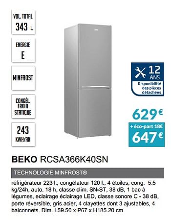 Promotions Rèfrigèrateur beko rcsa366k40sn - Beko - Valide de 02/10/2022 à 31/03/2023 chez Copra