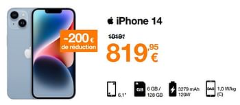 Promotions Apple iphone 14 - Apple - Valide de 29/11/2022 à 04/12/2022 chez Orange