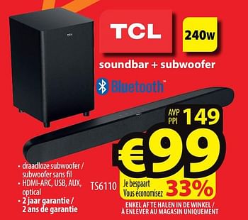 Promoties Tcl soundbar + subwoofer ts6110 - TCL - Geldig van 30/11/2022 tot 07/12/2022 bij ElectroStock