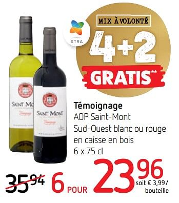 Promoties Témoignage aop saint-mont sud-ouest blanc ou rouge en caisse en bois - Rode wijnen - Geldig van 01/12/2022 tot 14/12/2022 bij Spar (Colruytgroup)