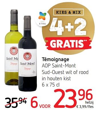 Promotions Témoignage aop saint-mont sud-ouest wit of rood in houten kist - Vins rouges - Valide de 01/12/2022 à 14/12/2022 chez Spar (Colruytgroup)