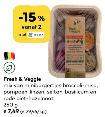 Promoties Fresh + veggie mix van miniburgertjes broccoli-miso pompoen-linzen seitan-basilicum en rode biet-hazelnoot - Fresh & Veggie - Geldig van 30/11/2022 tot 31/12/2022 bij Bioplanet