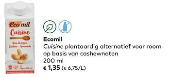 Promotions Ecomil cuisine plantaardig alternatief voor room op basis van cashewnoten - Ecomil - Valide de 30/11/2022 à 31/12/2022 chez Bioplanet