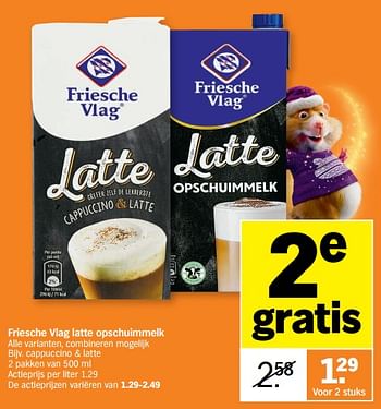 Promoties Friesche vlag latte opschuimmelk 2e gratis bijv. cappuccino & latte - Friesche Vlag - Geldig van 05/12/2022 tot 11/12/2022 bij Albert Heijn