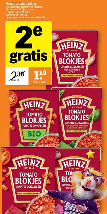 Promoties Tomatenblokjes naturel - Heinz - Geldig van 05/12/2022 tot 11/12/2022 bij Albert Heijn