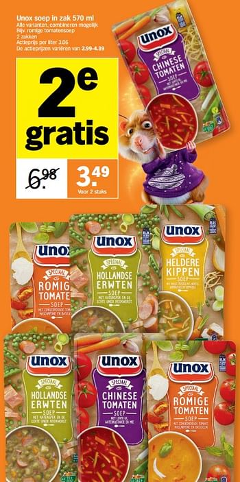 Promoties Unox soep in zak alle varianten, combineren mogelijk bijv. romige tomatensoep 2 zakken actieprijs per liter 3.06 - Unox - Geldig van 05/12/2022 tot 11/12/2022 bij Albert Heijn