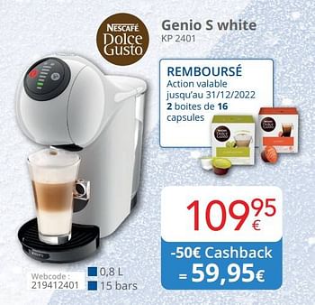 Promotions Nescafe dolce gusto genio s white kp 2401 - Krups - Valide de 01/12/2022 à 31/12/2022 chez Eldi