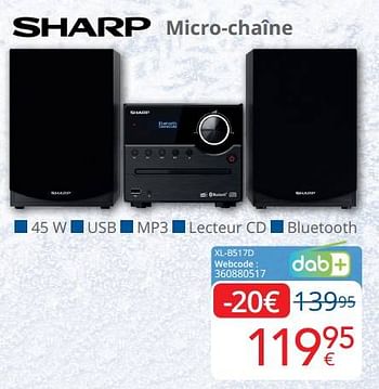 Promotions Sharp micro-chaîne xll-b517d - Sharp - Valide de 01/12/2022 à 31/12/2022 chez Eldi