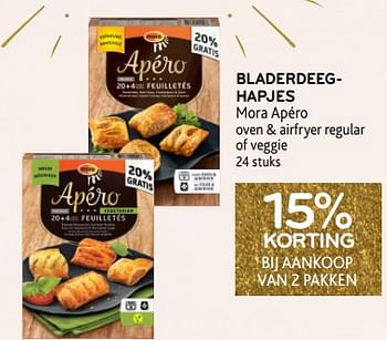 Promoties Bladerdeeghapjes mora apéro 15% korting bij aankoop van 2 pakken - Mora - Geldig van 14/12/2022 tot 03/01/2023 bij Alvo