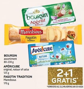Promoties Boursin + apéricube + fagotin tradition maredsous 2+1 gratis - Huismerk - Alvo - Geldig van 14/12/2022 tot 03/01/2023 bij Alvo