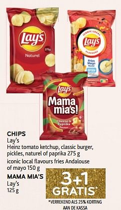 Promoties Chips lay’s + mama mia’s lay’s 3+1 gratis - Lay's - Geldig van 14/12/2022 tot 03/01/2023 bij Alvo