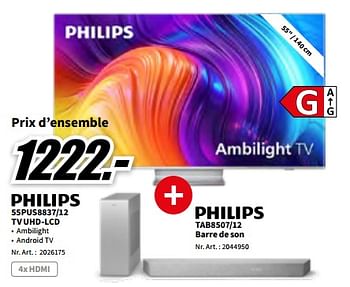 Promotions Philips 55pus8837-12 tv uhd-lcd + philips tab8507-12 barre de son - Philips - Valide de 12/12/2022 à 18/12/2022 chez Media Markt