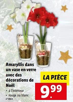 Promotions Amaryllis dans un vase en verre avec des décorations de noël - Produit maison - Lidl - Valide de 12/12/2022 à 17/12/2022 chez Lidl