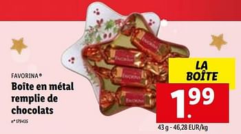 Promotions Boîte en métal remplie de chocolats - Favorina - Valide de 12/12/2022 à 17/12/2022 chez Lidl