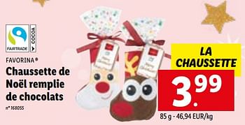 Promotions Chaussette de noël remplie de chocolats - Favorina - Valide de 12/12/2022 à 17/12/2022 chez Lidl