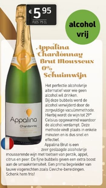 Promoties Appalina chardonnay brut mousseux 0% schuimwijn - Schuimwijnen - Geldig van 16/12/2022 tot 31/12/2022 bij BelBev