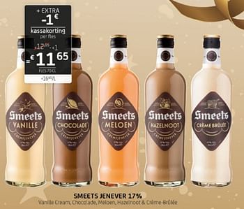 Promoties Smeets jenever 17% vanille cream chocolade meloen hazelnoot + crème-brulée - Smeets - Geldig van 16/12/2022 tot 31/12/2022 bij BelBev