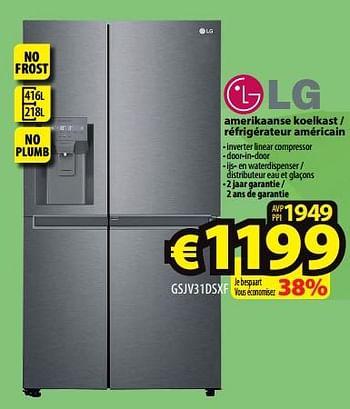 Promoties Lg amerikaanse koelkast - réfrigérateur américain gsjv31dsxf - LG - Geldig van 14/12/2022 tot 21/12/2022 bij ElectroStock