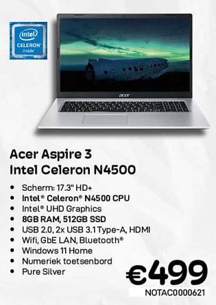 Promoties Acer aspire 3 intel celeron n4500 - Acer - Geldig van 06/12/2022 tot 31/12/2022 bij Compudeals