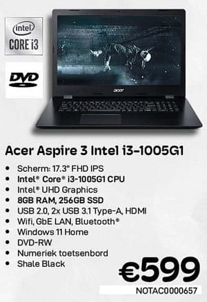 Promotions Acer aspire 3 intel i3-1005g1 - Acer - Valide de 06/12/2022 à 31/12/2022 chez Compudeals
