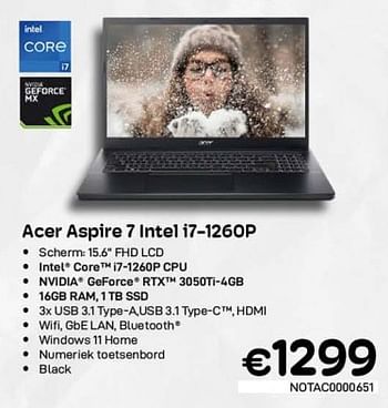 Promoties Acer aspire 7 intel i7-1260p - Acer - Geldig van 06/12/2022 tot 31/12/2022 bij Compudeals