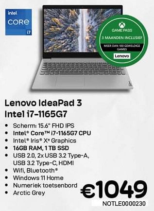 Promoties Lenovo ideapad 3 intel i7-1165g7 - Lenovo - Geldig van 06/12/2022 tot 31/12/2022 bij Compudeals