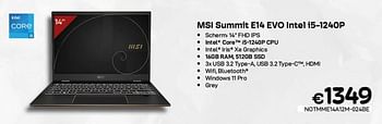 Promoties Msi summit e14 evo intel i5-1240p - MSI - Geldig van 06/12/2022 tot 31/12/2022 bij Compudeals