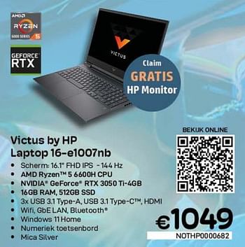 Promoties Victus by hp laptop 16-e1007nb - HP - Geldig van 06/12/2022 tot 31/12/2022 bij Compudeals