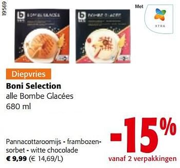 Promoties Boni selection bombe glacées pannacottaroomijs - frambozensorbet - witte chocolade - Boni - Geldig van 14/12/2022 tot 31/12/2022 bij Colruyt
