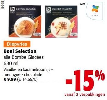 Promoties Boni selection bombe glacées vanille- en karamelroomijs - meringue - chocolade - Boni - Geldig van 14/12/2022 tot 31/12/2022 bij Colruyt