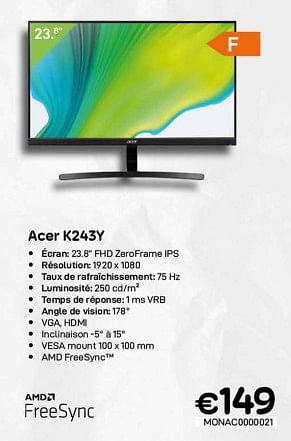 Promotions Acer k243y - Acer - Valide de 06/12/2022 à 31/12/2022 chez Compudeals