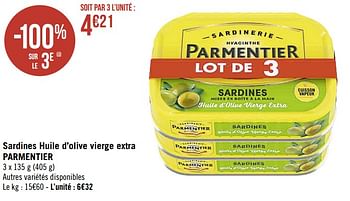 Promotions Sardines huile d’olive vierge extra parmentier - Conserverie Parmentier - Valide de 19/12/2022 à 01/01/2023 chez Super Casino