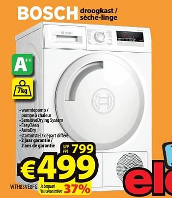 Promoties Bosch droogkast - sèche-linge wth83ve0fg - Bosch - Geldig van 21/12/2022 tot 03/01/2023 bij ElectroStock