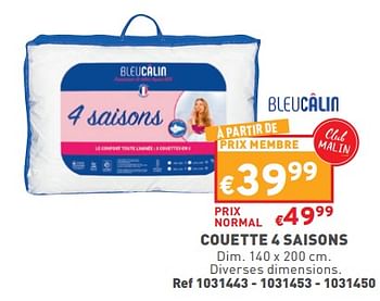 Promotions Couette 4 saisons - Bleu Calin - Valide de 28/12/2022 à 02/01/2023 chez Trafic