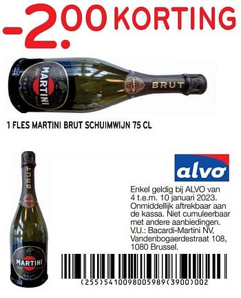Promoties 1 fles martini brut schuimwijn -2.00 korting - Martini - Geldig van 04/01/2023 tot 10/01/2023 bij Alvo