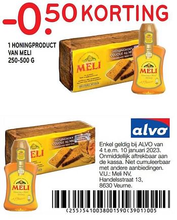 Promoties 1 honingproduct van meli -0.50 korting - Meli - Geldig van 04/01/2023 tot 10/01/2023 bij Alvo