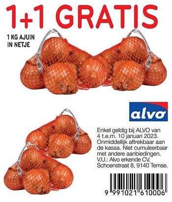 Promoties 1 kg ajuin in netje 1+1 gratis - Huismerk - Alvo - Geldig van 04/01/2023 tot 10/01/2023 bij Alvo