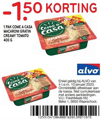Promoties 1 pak come a casa macaroni gratin creamy tomato -1.50 korting - Come a Casa - Geldig van 04/01/2023 tot 10/01/2023 bij Alvo
