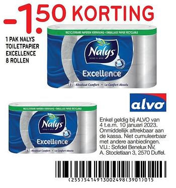 Promoties 1 pak nalys toiletpapier excellence 8 rollen -1.50 korting - Nalys - Geldig van 04/01/2023 tot 10/01/2023 bij Alvo