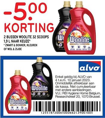 Promoties 2 bussen woolite -5.00 korting - Woolite - Geldig van 04/01/2023 tot 10/01/2023 bij Alvo
