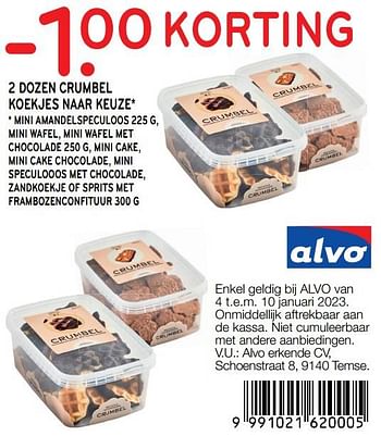 Promoties 2 dozen crumbel koekjes -1.00 korting - Crumbel - Geldig van 04/01/2023 tot 10/01/2023 bij Alvo
