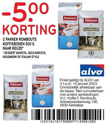 Promoties 2 pakken rombouts koffiebonen -5.00 korting - Rombouts - Geldig van 04/01/2023 tot 10/01/2023 bij Alvo