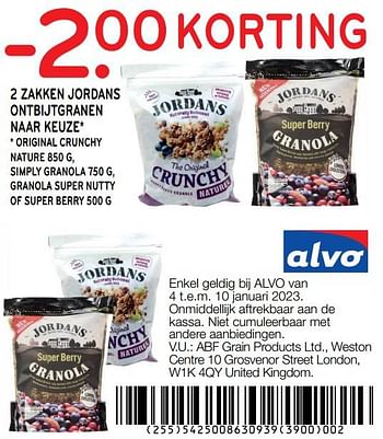 Promoties 2 zakken jordans ontbijtgranen -2.00 korting - Jordans - Geldig van 04/01/2023 tot 10/01/2023 bij Alvo