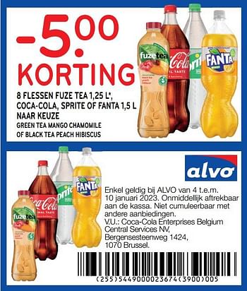 Promoties 8 flessen fuze tea coca-cola sprite of fanta -5.00 korting - Huismerk - Alvo - Geldig van 04/01/2023 tot 10/01/2023 bij Alvo