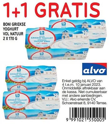 Promoties Boni griekse yoghurt vol natuur 1+1 gratis - Boni - Geldig van 04/01/2023 tot 10/01/2023 bij Alvo