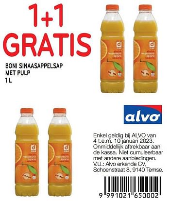 Promoties Boni sinaasappelsap met pulp 1+1 gratis - Boni - Geldig van 04/01/2023 tot 10/01/2023 bij Alvo