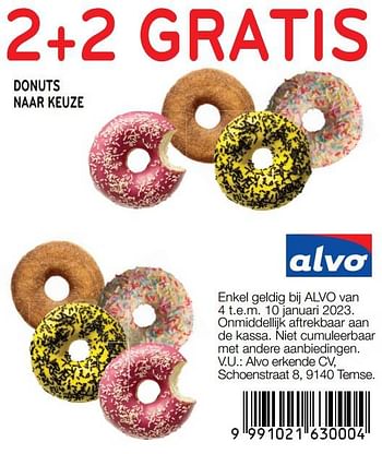 Promoties Donuts naar keuze 2+2 gratis - Huismerk - Alvo - Geldig van 04/01/2023 tot 10/01/2023 bij Alvo